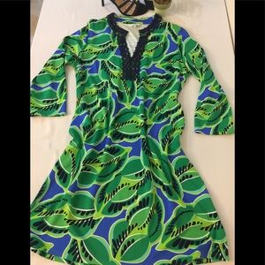 Crown&Ivy Grn/Blue Dress Blk Trim Sz M